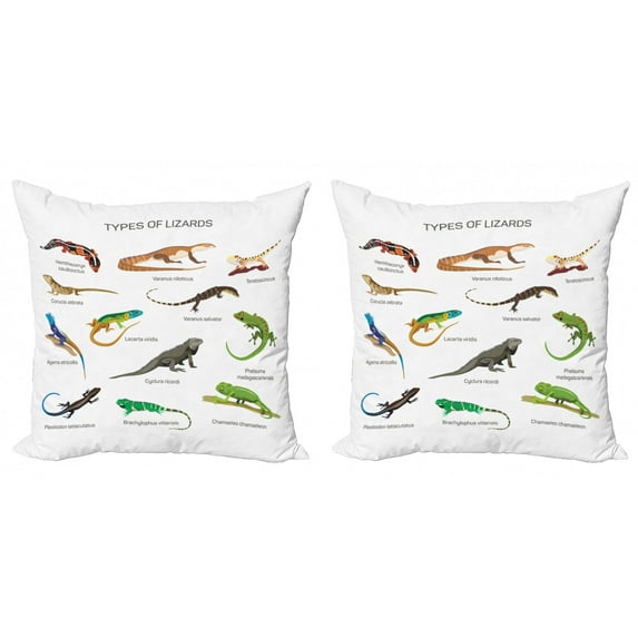 Ambesonne Colorful Throw Pillow Cover 2 Pack, Exotic Lizard Reptiles, 20", Multicolor