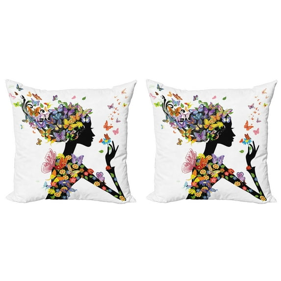 Ambesonne Colorful Throw Pillow Cover 2 Pack, Flowers with Butterfly, 16", Multicolor
