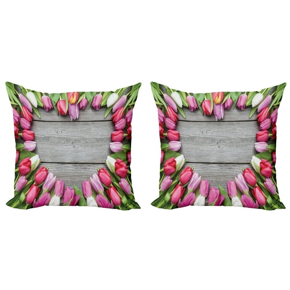 Ambesonne Colorful Throw Pillow Cover 2 Pack, Frame of Fresh Tulips, 16", Pink Green Umber