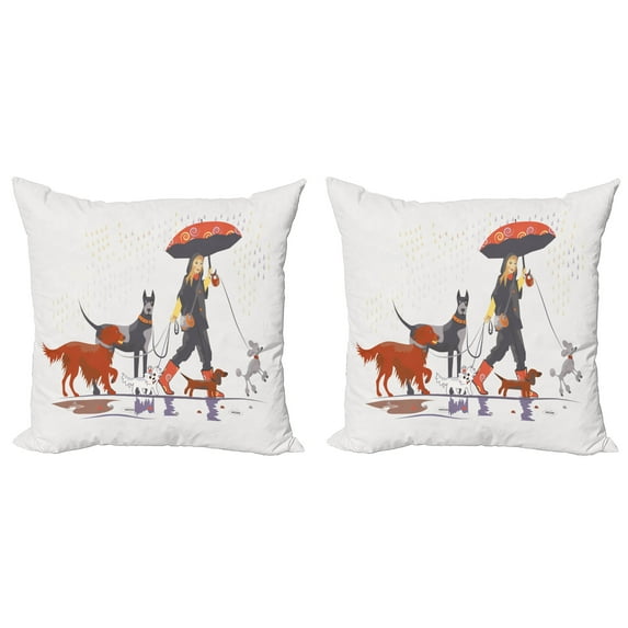 Ambesonne Colorful Throw Pillow Cover 2 Pack, Girl with Dogs in Rain, 20", Multicolor