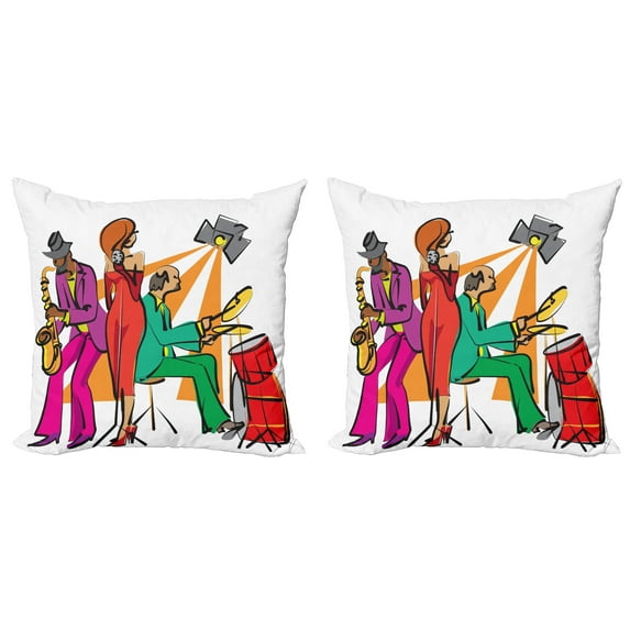 Ambesonne Colorful Throw Pillow Cover 2 Pack, Jazz Band on Stage, 20", Multicolor