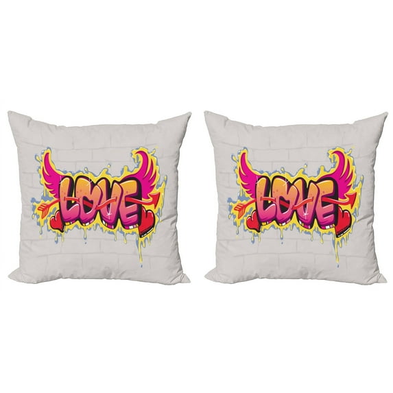 Ambesonne Colorful Throw Pillow Cover 2 Pack, Love Words on Brick, 24", Yellow Beige Pink