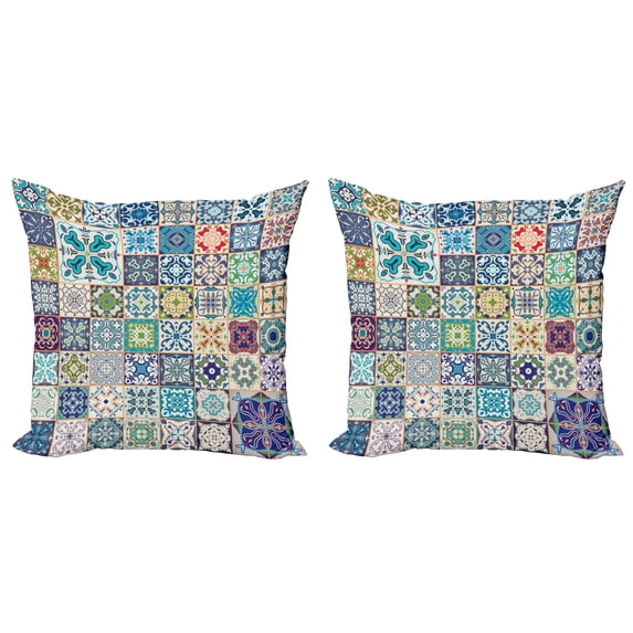 Ambesonne Colorful Throw Pillow Cover 2 Pack, Mediterranean Flora Tiles, 16", Multicolor