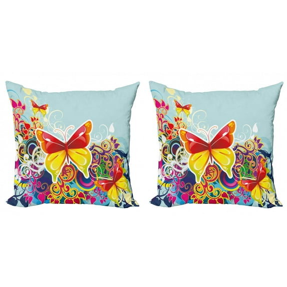 Ambesonne Colorful Throw Pillow Cover 2 Pack, Nature Leaves Butterfly, 16", Multicolor