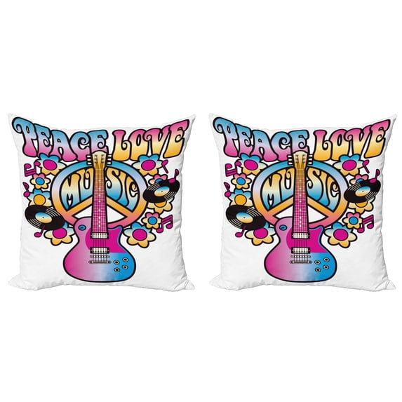 Ambesonne Colorful Throw Pillow Cover 2 Pack, Peace Love Vinyl Music, 24", Blue Pink Yellow