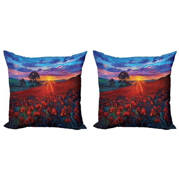 Ambesonne Colorful Throw Pillow Cover 2 Pack, Poppy Flower Garden, 24", Multicolor