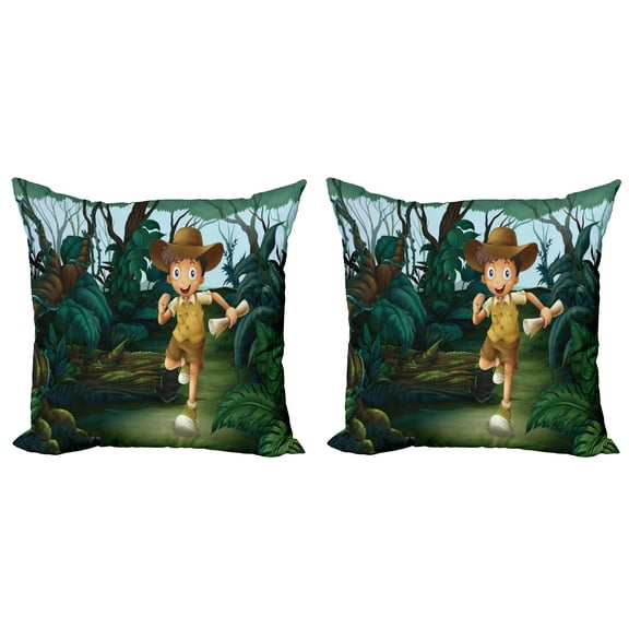 Ambesonne Colorful Throw Pillow Cover 2 Pack, Running in Woods, 18", Forest Green Dark Teal