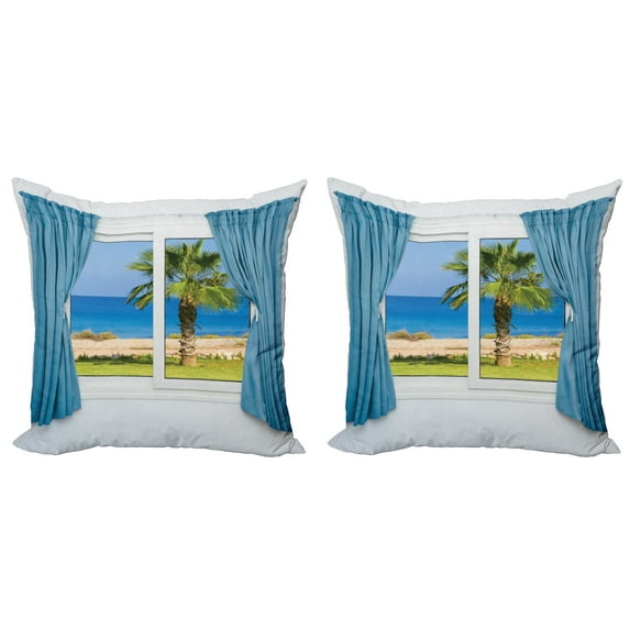 Ambesonne Colorful Throw Pillow Cover 2 Pack, Shore Palm Tree Island, 20", Blue Green