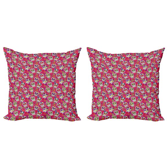 Ambesonne Colorful Throw Pillow Cover 2 Pack, Sugar Skull Flowers, 18", Hot Pink Purple Green