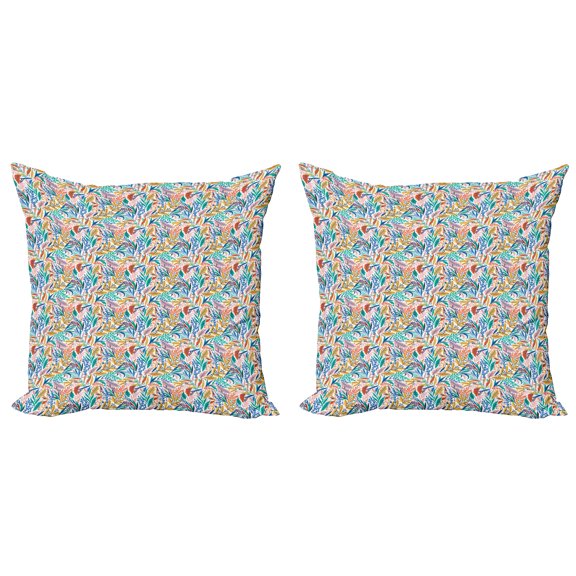 Ambesonne Colorful Throw Pillow Cover 2 Pack, Tropical Doodle Leaves, 24", Multicolor