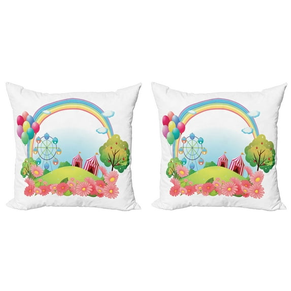 Ambesonne Colorful Throw Pillow Cover 2 Pack, Village Hill Circus, 24", Multicolor