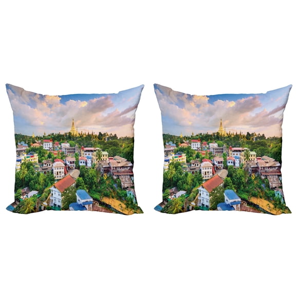 Ambesonne Colorful Throw Pillow Cover 2 Pack, Village Skyline Scene, 20", Multicolor