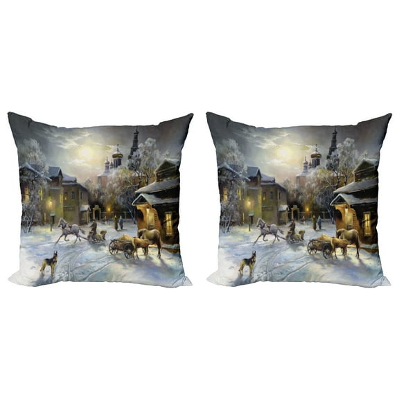 Ambesonne Colorful Throw Pillow Cover 2 Pack, Winter Rural Landscape, 24", Multicolor