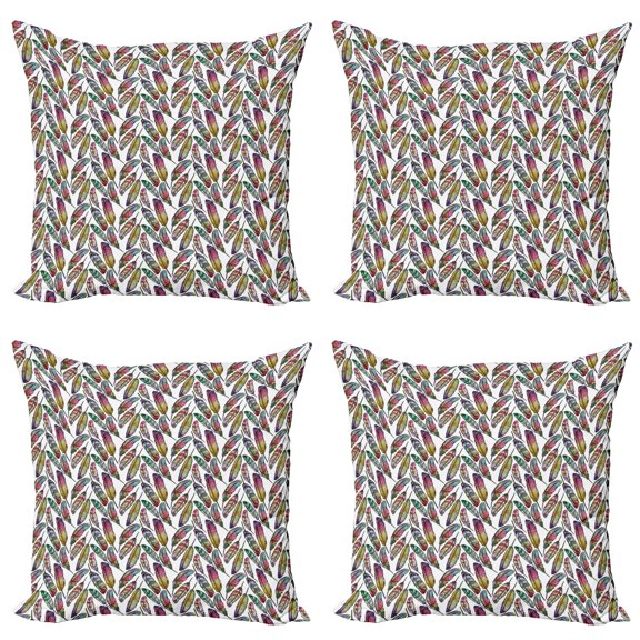Ambesonne Colorful Throw Pillow Cover 4 Pack, Abstract Bohemian Feathers, 18", Multicolor