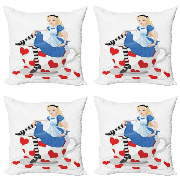 Ambesonne Colorful Throw Pillow Cover 4 Pack, Alice with Cup, 18", Multicolor