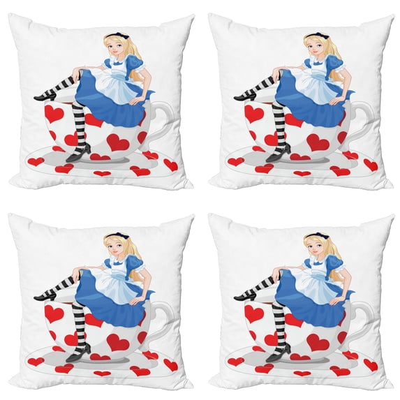 Ambesonne Colorful Throw Pillow Cover 4 Pack, Alice with Cup, 20", Multicolor