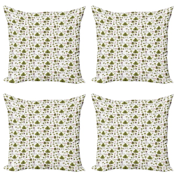Ambesonne Colorful Throw Pillow Cover 4 Pack, Backpack Tent Camping Art, 16", Olive Green Brown and Coral