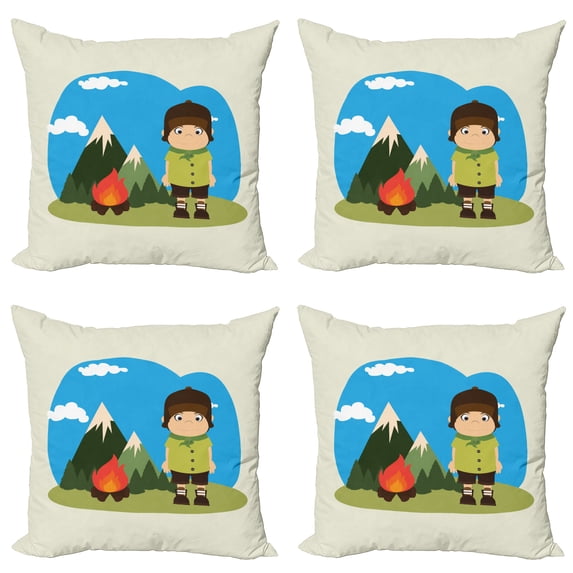 Ambesonne Colorful Throw Pillow Cover 4 Pack, Campfire on Mountains, 18", Multicolor