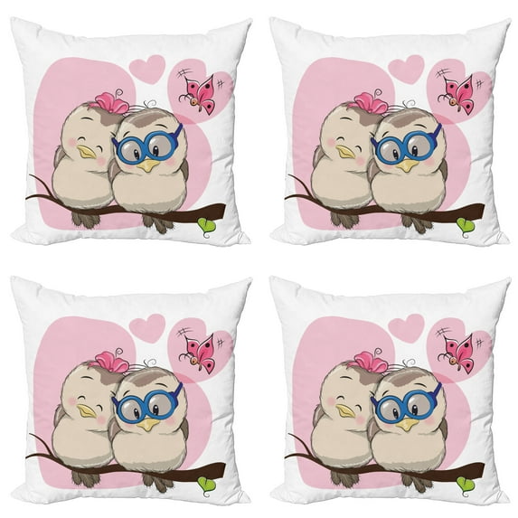 Ambesonne Colorful Throw Pillow Cover 4 Pack, Cartoon Birds Valnetine, 20", Pale Pink Beige Taupe