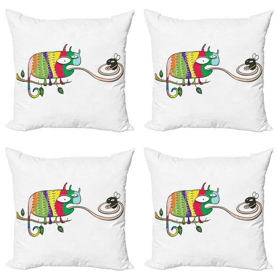 Ambesonne Colorful Throw Pillow Cover 4 Pack, Chameleon on Branch, 16", Multicolor