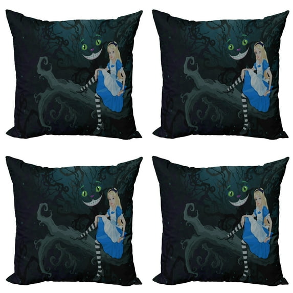 Ambesonne Colorful Throw Pillow Cover 4 Pack, Cheshire Cat in Forest, 24", Multicolor