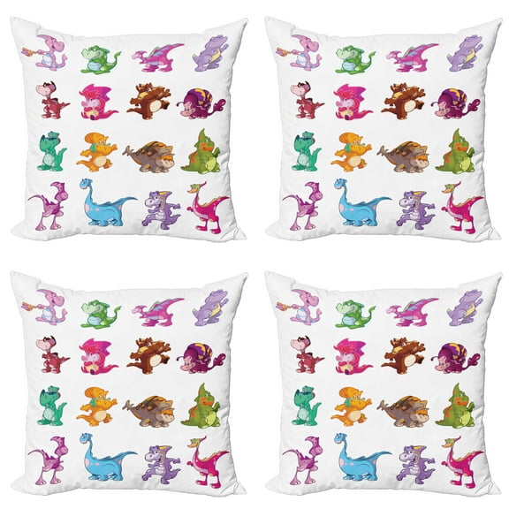 Ambesonne Colorful Throw Pillow Cover 4 Pack, Dinosaurs Extinction, 16", Multicolor