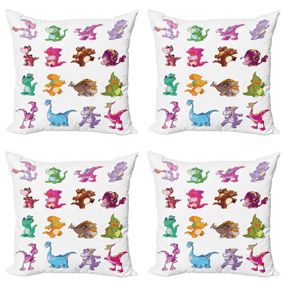 Ambesonne Colorful Throw Pillow Cover 4 Pack, Dinosaurs Extinction, 18", Multicolor