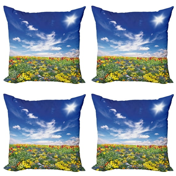 Ambesonne Colorful Throw Pillow Cover 4 Pack, Flowers Cloudy Sky, 16", Multicolor