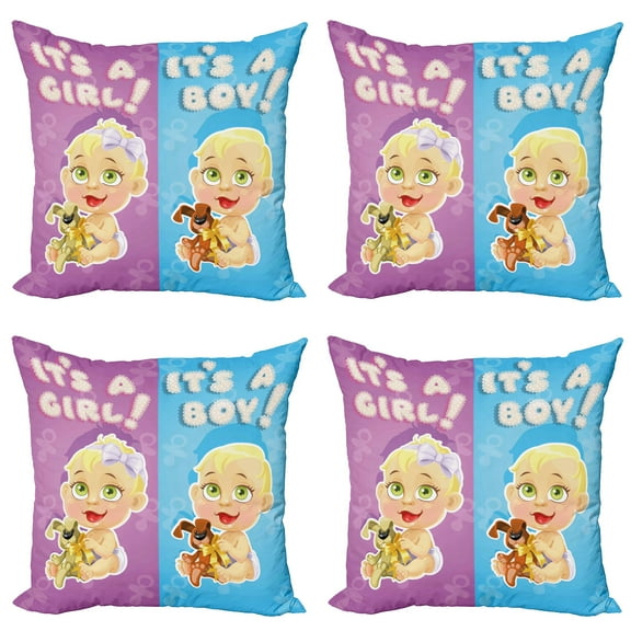 Ambesonne Colorful Throw Pillow Cover 4 Pack, Girl Boy Dogs, 16", Multicolor