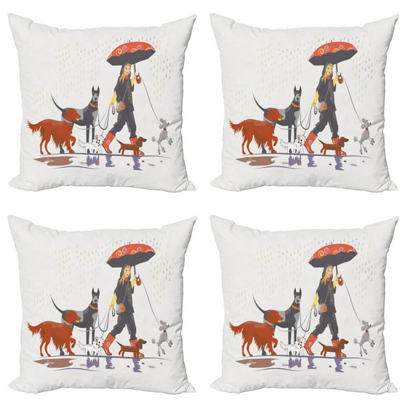 Ambesonne Colorful Throw Pillow Cover 4 Pack, Girl with Dogs in Rain, 24", Multicolor
