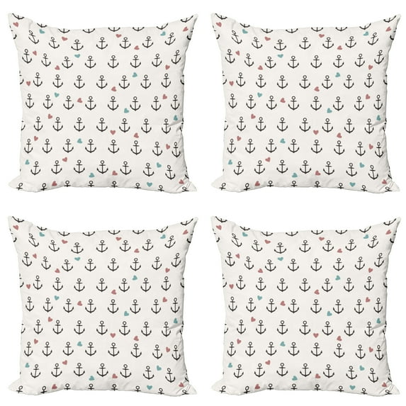 Ambesonne Colorful Throw Pillow Cover 4 Pack, Hearts Sailor Holiday, 16", Eggshell Charcoal Grey