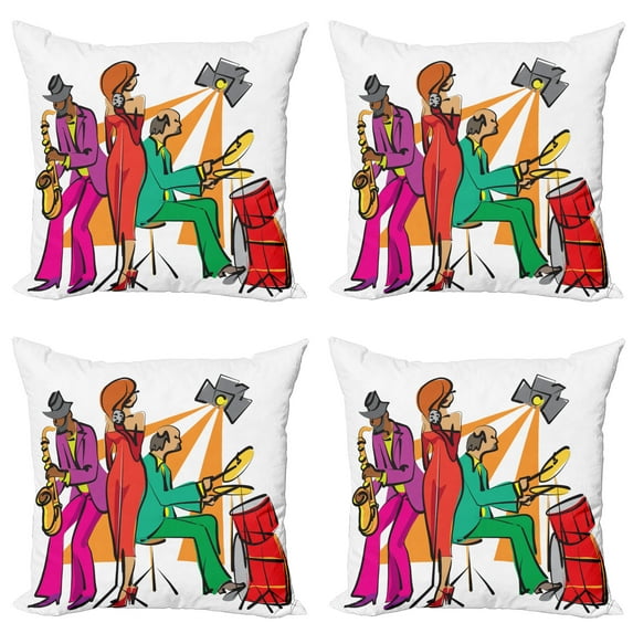 Ambesonne Colorful Throw Pillow Cover 4 Pack, Jazz Band on Stage, 18", Multicolor