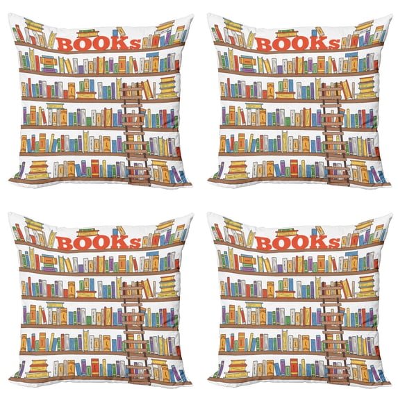 Ambesonne Colorful Throw Pillow Cover 4 Pack, Library Ladder, 16", Multicolor