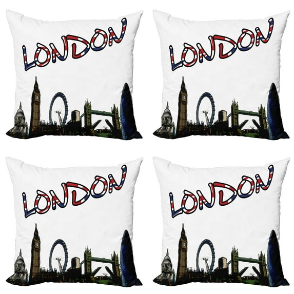 Ambesonne Colorful Throw Pillow Cover 4 Pack, London Tower Cartoon, 24", Multicolor