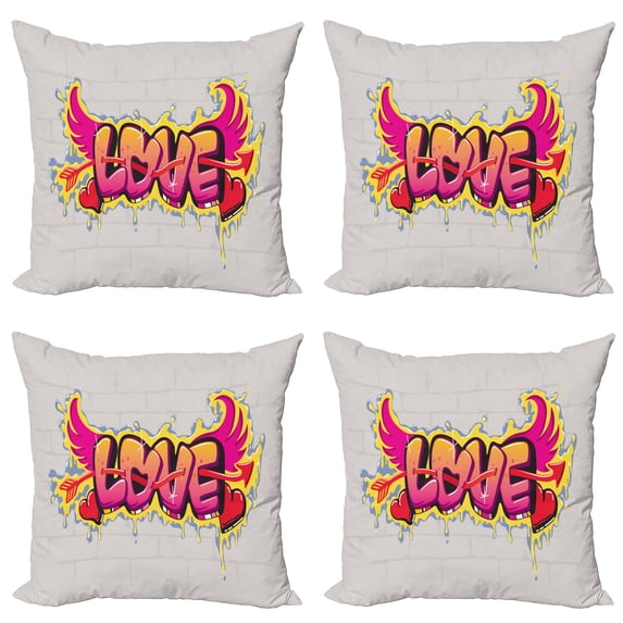 Ambesonne Colorful Throw Pillow Cover 4 Pack, Love Words on Brick, 24", Yellow Beige Pink