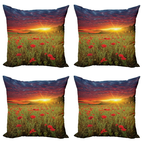 Ambesonne Colorful Throw Pillow Cover 4 Pack, Meadow Poppies Sky, 18", Green Scarlet Cadet Blue