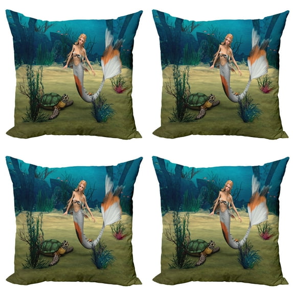 Ambesonne Colorful Throw Pillow Cover 4 Pack, Mermaid Turtle Ocean, 20", Multicolor