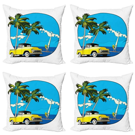 Ambesonne Colorful Throw Pillow Cover 4 Pack, Nostalgic Chevy Car, 18", Multicolor