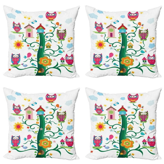 Ambesonne Colorful Throw Pillow Cover 4 Pack, Owls on Tree with Dots, 24", Multicolor