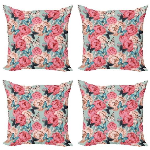 Ambesonne Colorful Throw Pillow Cover 4 Pack, Peony Rose Butterflies, 16", Multicolor