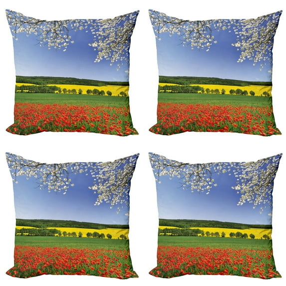 Ambesonne Colorful Throw Pillow Cover 4 Pack, Poppy Field Landscape, 24", Multicolor