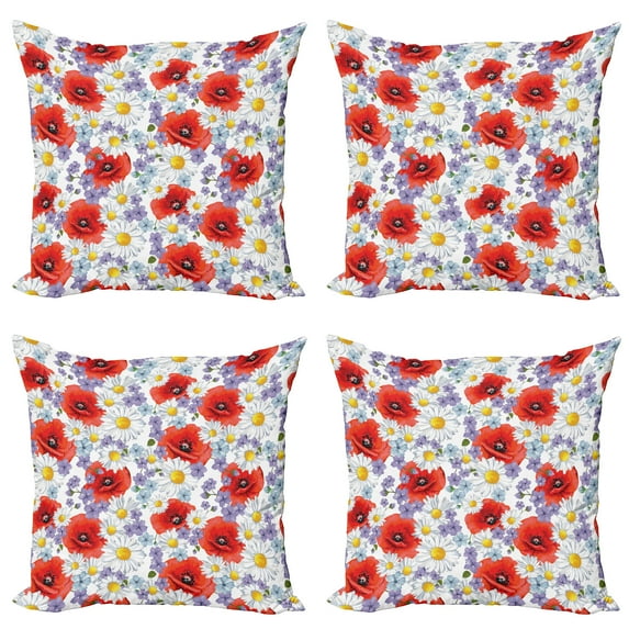 Ambesonne Colorful Throw Pillow Cover 4 Pack, Poppy and Daisy Flower, 16", Lavender Scarlet