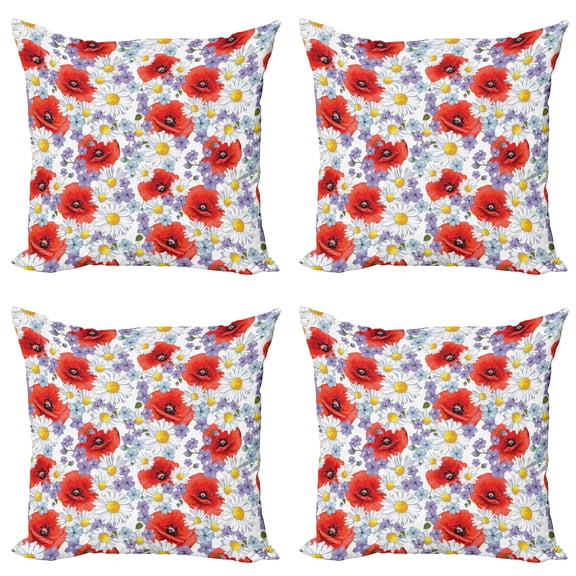 Ambesonne Colorful Throw Pillow Cover 4 Pack, Poppy and Daisy Flower, 24", Lavender Scarlet