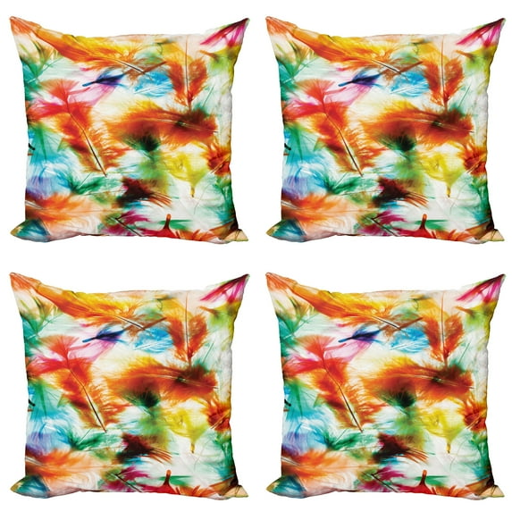 Ambesonne Colorful Throw Pillow Cover 4 Pack, Puffy Dreamy Feathers, 20", Multicolor