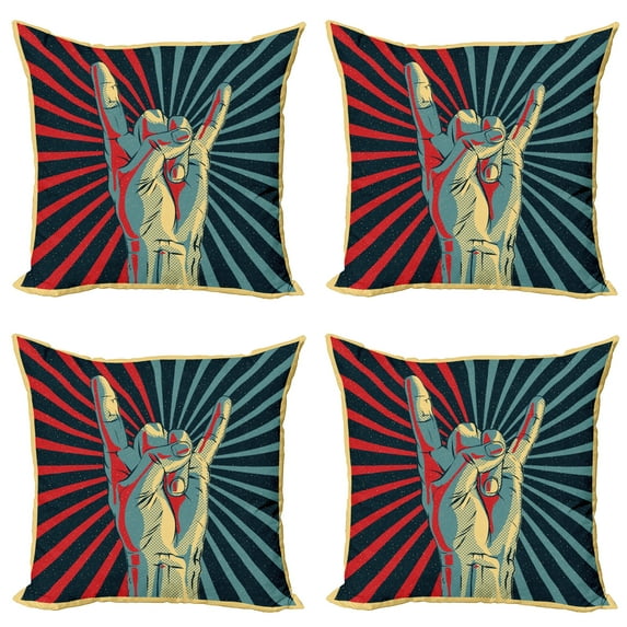 Ambesonne Colorful Throw Pillow Cover 4 Pack, Rock 'n' Roll Hand Sign, 18", Multicolor