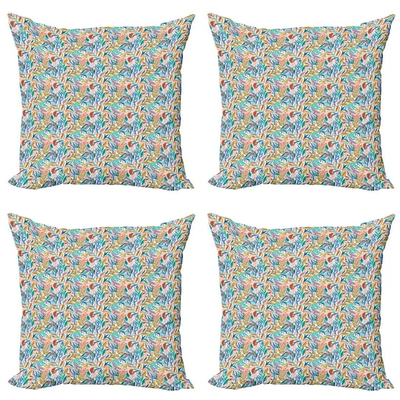 Ambesonne Colorful Throw Pillow Cover 4 Pack, Tropical Doodle Leaves, 18", Multicolor
