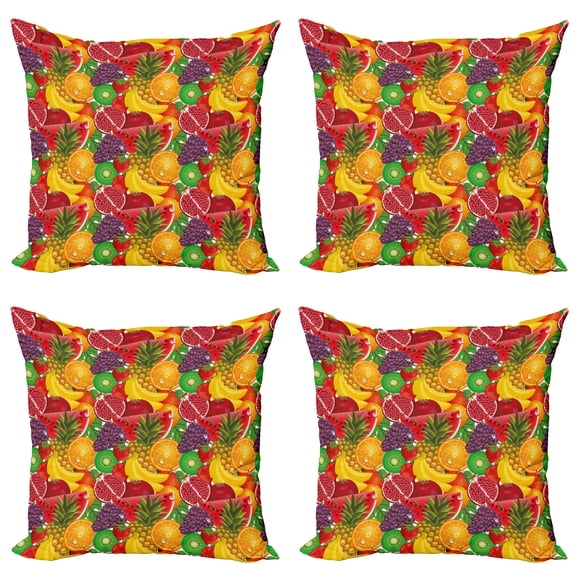 Ambesonne Colorful Throw Pillow Cover 4 Pack, Tropical Fresh Fruits, 24", Multicolor