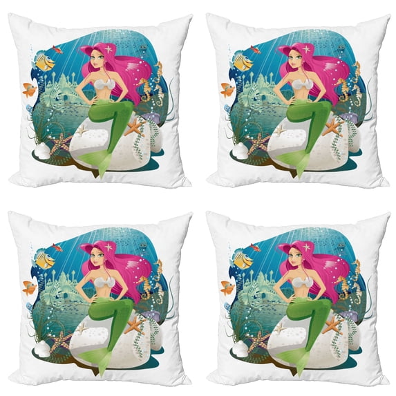 Ambesonne Colorful Throw Pillow Cover 4 Pack, Underwater Mermaid, 18", Multicolor