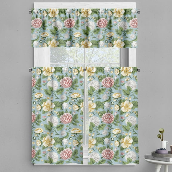 Ambesonne Colorful Valance & Curtain, Chrysanthemum and Hoya, 55"x30", Pale Blue Grey Multicolor