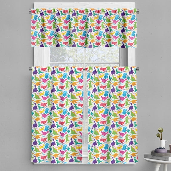 Ambesonne Colorful Valance & Curtain, Wild Dinosaur Cartoon, 55"x30", Multicolor